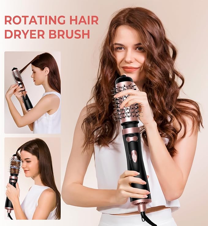 3 in 1 Rotating Hair Dryer Brush, Auto Rotating Blow Dryer Brush Spinning with 2 Brushes (2" & 1.5"), Negative Ionic Brush Blow Dryer, Round Brush Blow Dryer Volumize Curling 100-120V (Black)