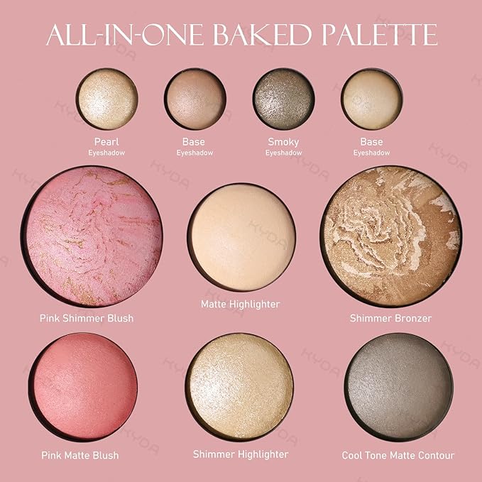 KYDA Best Of The Baked Makeup Palette, 10 Colors Full Size Baked Palette Includes 2 Bronzer, 2 Blush, 2 Highlighters and 4 Eyeshadows, Travel-Friendly Baking Makeup, Highly Pigmented, Long-Wearing
