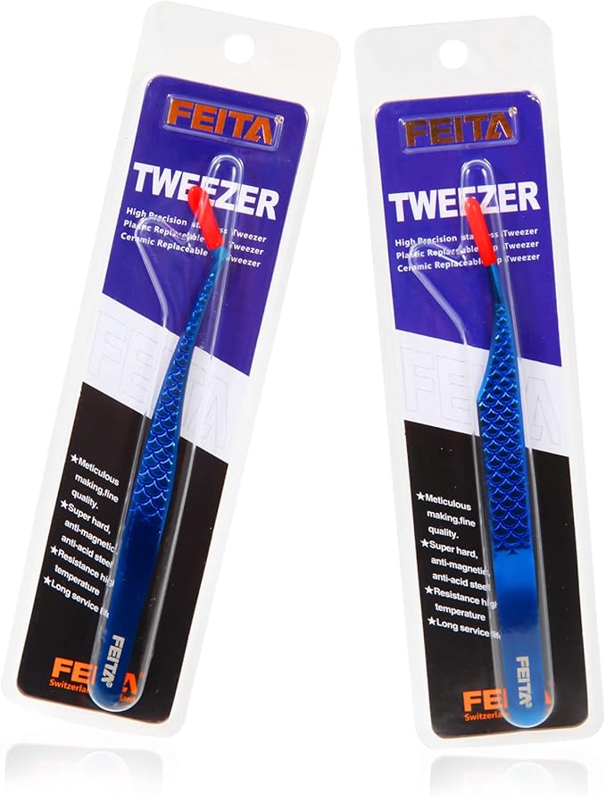 FEITA Diamond Grip Eyelash Extensions Tweezer Lash Precision Tweezers, Japanese Steel Dolphin-shaped & Angled Tip, False Lashes Application Tools, Blue 2Pcs