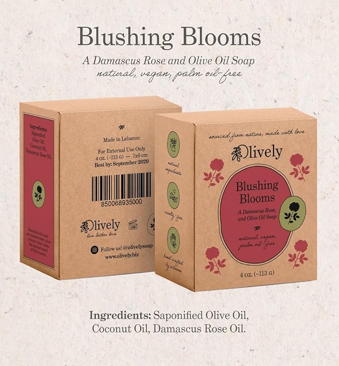 Blushing Blooms - Simple Ingredients - Cold Process - Vegan Soap Bar, Damascus Rose and Olive Oil, Palm Oil-Free, 4 oz