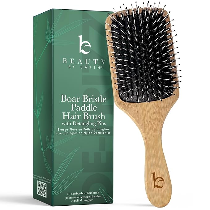 Boar Bristle Paddle Hair Brush - Smoothing Wood Brush for Thick, Curly & Wavy Hair, Detangling Natural Bristles for Women, Stimulates Scalp