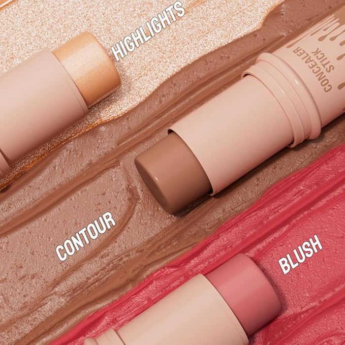 3Pcs Contour Stick Set-Creamy Contour Stick with Blush & Highlighter & Bronzer Not Greasy, Long-Lasting, Waterproof, Contouring Pen Easy to Contour the Face (B)