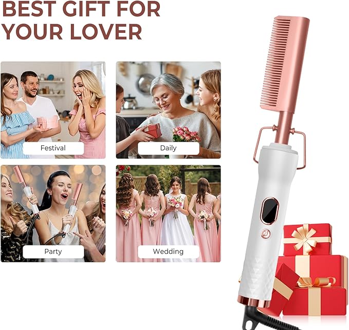 Hot Comb,Travel Curling Iron Double Voltage 110-240V with European Plug Adapter,12 Temp Settings Straightening Comb for Black Hair,Pressing Combs for Straight/Curling