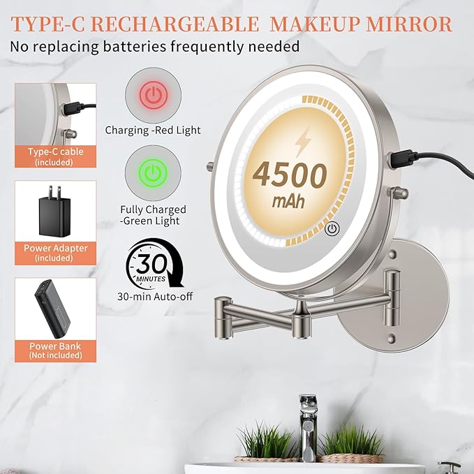 FUNTOUCH 10" 30X/1X Magnifying Wall Mounted Lighted Makeup Mirror, 4500mAh Rechargeable Double Sided Mirror, 3 Color Lights,Touch Dimmable, 360 Rotation Extended Arm with Adapter,Brush Nickel