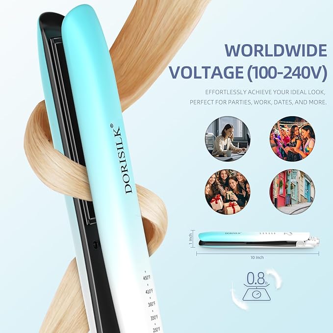 DORISILK Dual Voltage Flat Iron 1 Inch, Ceramic Hair Straightener and Curler 2 in 1, 450℉ Straightening Iron for Thin Thick Hair, Frizz-Free Smooth Tech 30s Fast Heat Gift for Women Girls, Blue White