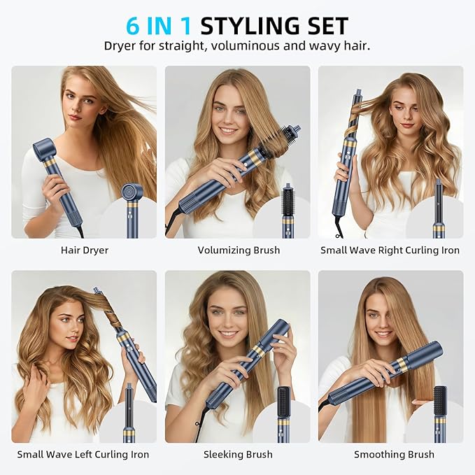 6-in-1 Hair Styler, Hair Dryer, Multi-Function Hot Air Brush Set, Ionic Blow Dryer with Interchangeable Attachments for Curling, Straightening (Gemstone Blue)