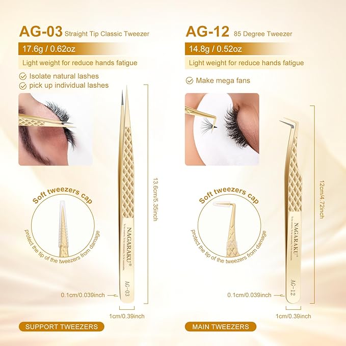 NAGARAKU Eyelash Tweezers, 1 Pair Precision Fiber Tip Tweezer for Lash Extensions Antistatic Anti-Slip Pinzas with Box -Straight Tip & 85 Degree Long Tip Tweezers AG-03 & AG-012