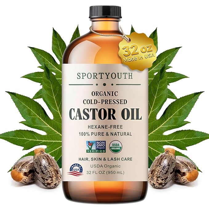 SPORTYOUTH Castor Oil Organic - Cold Pressed, Hexane Free, 100% Pure, USDA Certified, Unrefined Glass Bottle 32oz Non-GMO Carrier Oil for Face, Skin, Hair Growth, Castor Oil Pack, Eyelashes, Brows