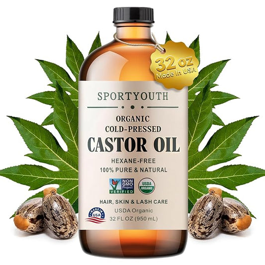 SPORTYOUTH Castor Oil Organic - Cold Pressed, Hexane Free, 100% Pure, USDA Certified, Unrefined Glass Bottle 32oz Non-GMO Carrier Oil for Face, Skin, Hair Growth, Castor Oil Pack, Eyelashes, Brows