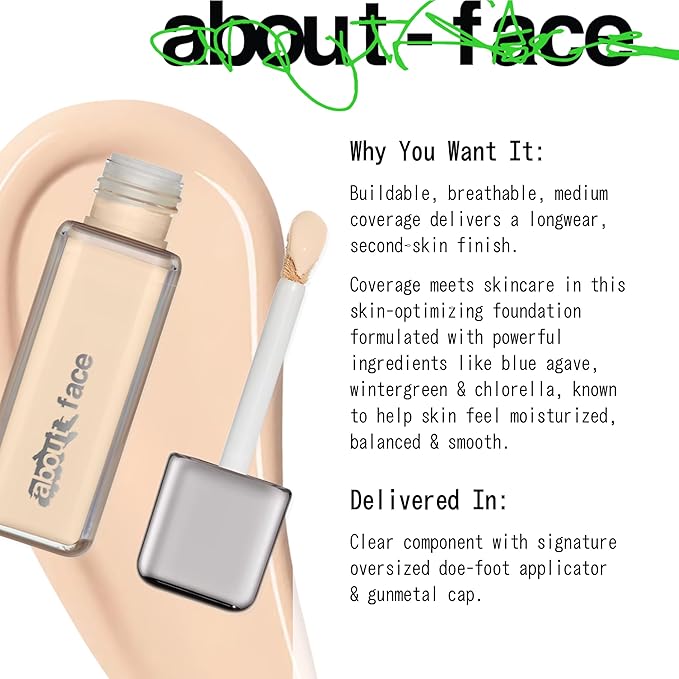 about-face THE PERFORMER Skin-Focused Foundation L1Neutral – Medium Coverage, Long-Wear, Breathable & Buildable Base – Clean, Vegan, Hydrating Formula with Blue Agave & Chlorella – 1.08oz
