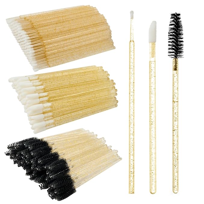 300PCS Eyelash Extension Supplies Kit, Disposable Micro Swab Brushes Eyebrow Spoolies Lip Brushes Mascara Wands Makeup Applicator Tools(Gold)
