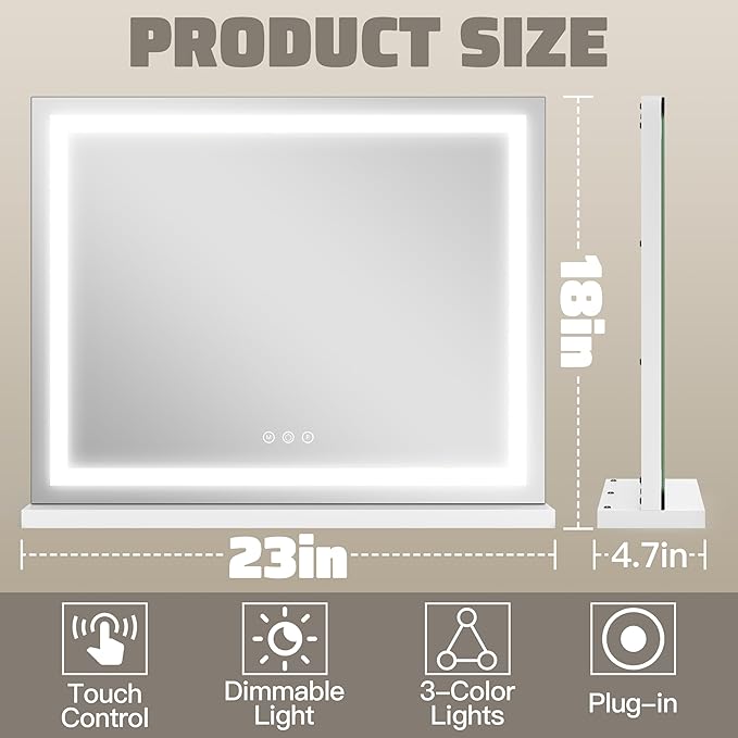 HNV 22.8"x18" Lighted Makeup Mirror with 10X Magnification, LED Vanity Mirror with 3-Color Dimmable Touch Control, Tabletop or Wall-Mounted Makeup Mirror, White