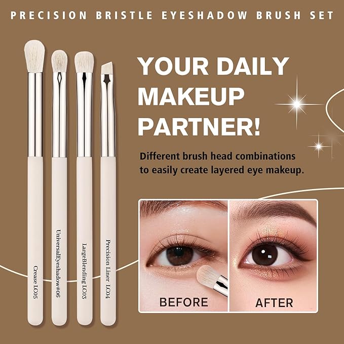 4pc Eyeshadow Brush Set - Pro Blending, Precision Bristles, Skin-Friendly Makeup Brushes Kit for Flawless Eye Looks(Large/Detail/Crease/Eyeliner Brush)