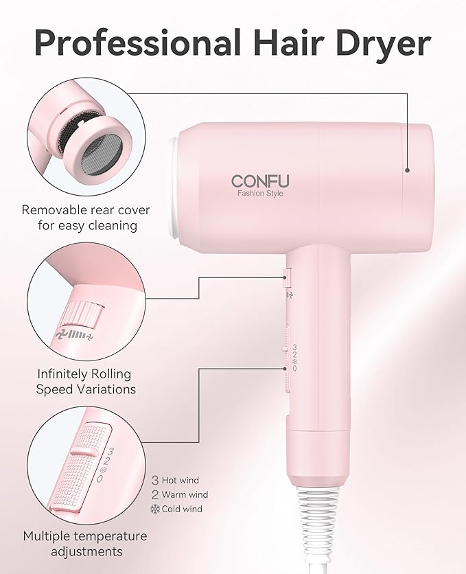 Hair Dryer with Diffuser, CONFU Hair Dryers for Women, Blow Dryers for Men, Hairdryer with Diffuser Attachment, Portable Lightweight Fast Drying Negative Ion Hairdryer for Home