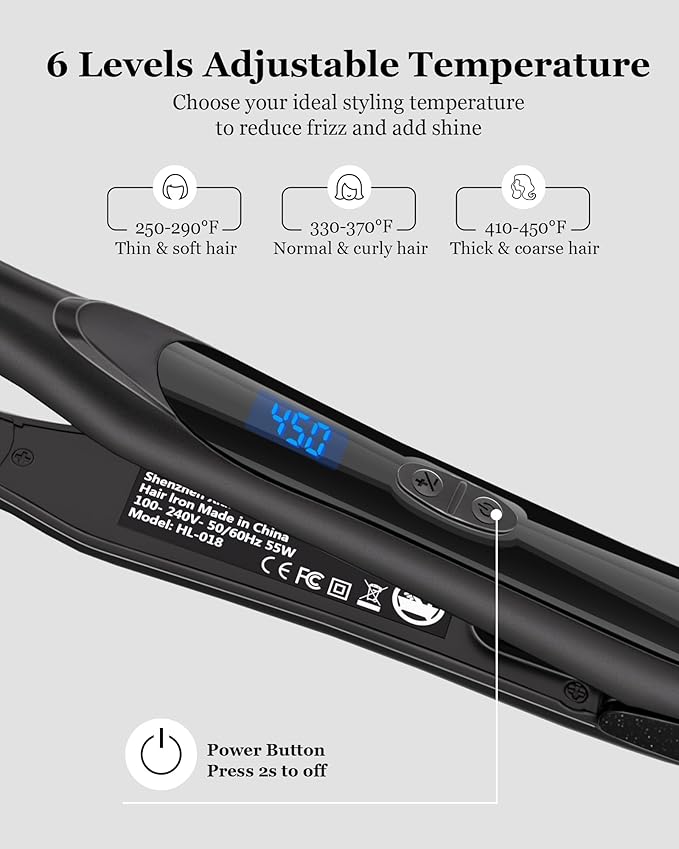 DSHOW 1/2" Flat Iron, Small Flat Iron Hair Straightener for Short Hair, Tourmaline Ceramic Mini Travel Hair Straightener with a Pouch, 6 Temperature, Dual Voltage (Black)