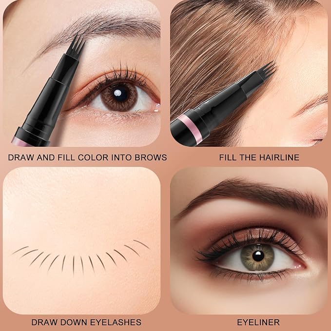 Eyebrow Pencil,2-in-1 Waterproof Eyebrow Pen with 4 Tip Brow Pen and Ultra-Precise Brow Pencil,with Dual-ended Eyebrow Brush,Eyebrow Makeup for Natural Looking Eyebrows - Black Brown