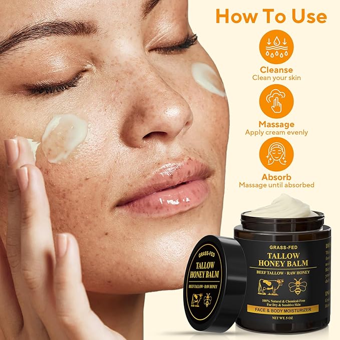 Beef Tallow for Skin, Tallow and Honey Balm, Organic Grass-Fed Whipped Beef Tallow Cream, Deep Moisturizing Facial & Body Balm, 100% Natural Face Moisturizer for All Skin Types (5oz)