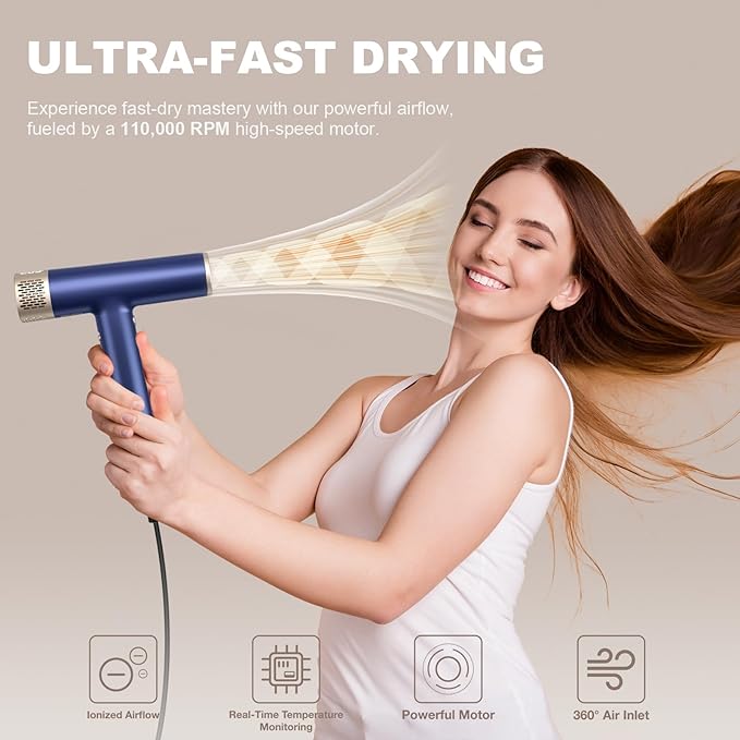 YAPOY Professional Hair Dryer with Diffuser Fast Drying 200 Million Ionic Blow Dryer with 110, 000 RPM High-Speed No Heat Damage Intelligent Thermo-Control Low Noise, Blue