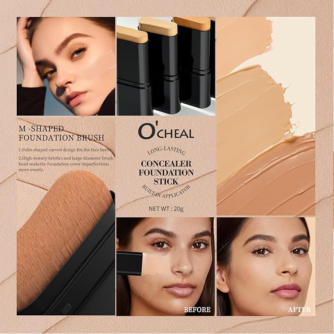 O'CHEAL Face Foundation Contour Stick Long-wear Lightweight Brighten Stick Blemish Contouring Face Concealer Beauty Makeup 02#NATURAL