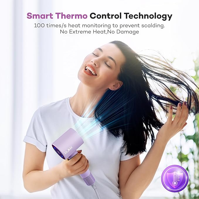 Hair Dryer, 110000 RPM High-Speed Brushless Motor Negative Ionic Blow Dryer for Fast Drying, Low Noise Thermo-Control Hair Dryer with Nozzle and Tri-Colour LED Light Ring for Home, Travel (Purple)