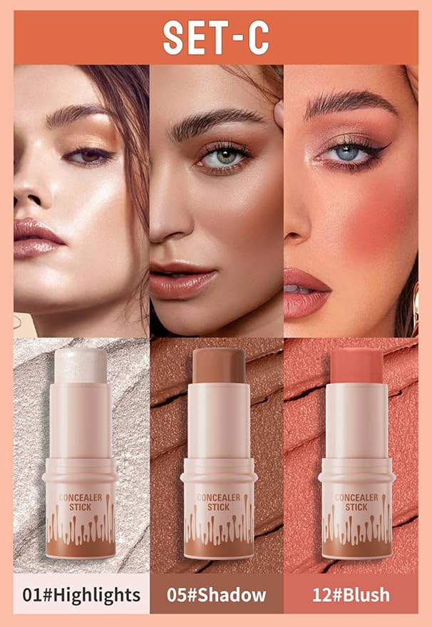 3Pcs Contour Stick Set-Creamy Contour Stick with Blush & Highlighter & Bronzer Not Greasy, Long-Lasting, Waterproof, Contouring Pen Easy to Contour the Face (C)