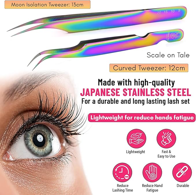 2pcs Fiber Tip Tweezers for Lash Extensions – Curved Tip Base Cut & Isolation Tweezers Set, Precision Stainless Steel Eyelash Extension Tools, Non-Slip Grip, Professional Lash Applicator (Multi)