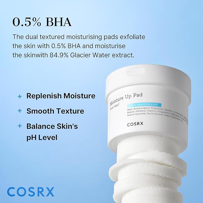 COSRX Moisture Up Pads 70 Sheets, BHA, Gentle Daily Exfoliant for Sensitive Skin, Preventing Breakouts, Moisturizing, Nourishing, Blemish Care, Korean Skin Care