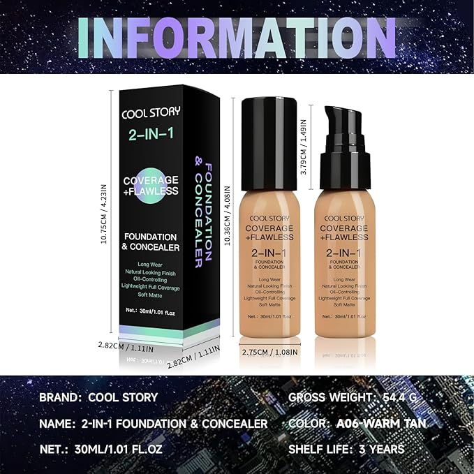 2-in-1 Foundation and Concealer Long Wear Natural Matte Finish Lightweight Coverage (Warm Tan)