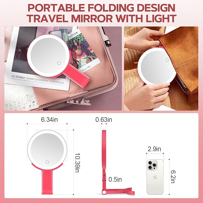 MIYADIVA Lighted Makeup Mirror, 30X Magnifying Mirror with Light, Hanging and Handheld Mirror with Handle, Red