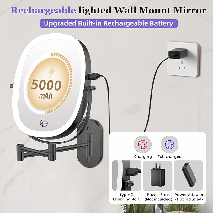 FUNTOUCH 30X/1X Wall Mounted Lighted Makeup Mirror, 5000mAh Rechargeable Oval Double Sided Touch Switch Magnifying Mirror with Light, 3 Color Setting, Extended Arm 360°Swivel Foldable,Black