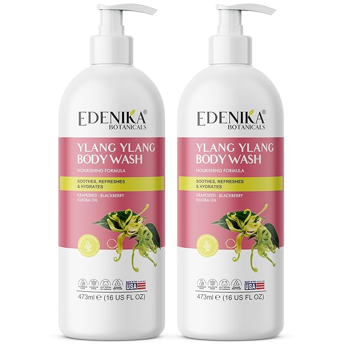 Ylang Ylang Body Wash, Cleanses, Nourishes & Hydrates, Gentle Shower Gel for Dry and Sensitive Skin, Women & Men, Organic & Natural, 16 fl oz, 2-Pack