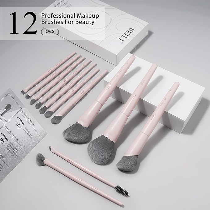 BEILI Makeup Brush Set,White Makeup Brush Set, 12 Vegan Makeup Brushes for Powder Foundation, Concealer, Eyebrows, Eyeshadow, Contour, Eyeliner, Blender Eye Brush (Pink)