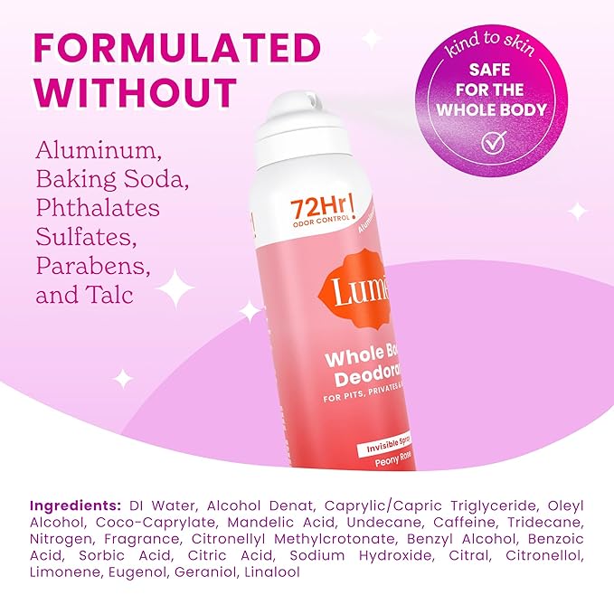 Lume Invisible Spray Deodorant For Women - Whole Body Deodorant Spray - 72 Hr Odor Control - Ozone Friendly, Natural Propellant - Aluminum & Baking Soda Free, Skin Loving - 3.6 oz (2 pk) (Peony Rose)