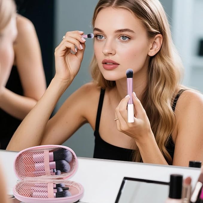 10Pcs Pink Travel Makeup Brush Set with Cosmetic Bag, Mini Makeup Brushes Professional Kit, Portable Make Up Brushes for Foundation, Eyeshadow, Blush and On the Go Application