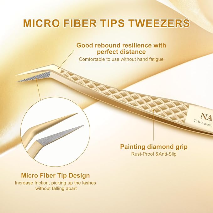 NAGARAKU Eyelash Tweezers, Precision Fiber Tip Tweezer for Eyelash Extensions Diamond Grip Anti-Static Anti-Slip Premium Gold Stainless Steel Pointed Eyelashes Tweezers with Box -Curved Tweezer AG-06