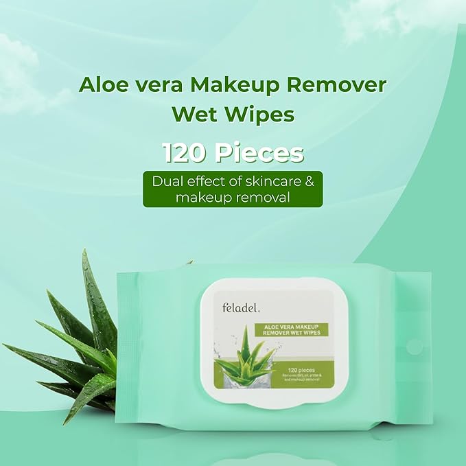 Feladel Aloe Vera Makeup Remover Wipe, 120pcs Gentle & Hydrating Face Wipes With Aloe Extract | Soft, Non-Irritating Cleansing Wipes for All Makeup Types & Daily Use