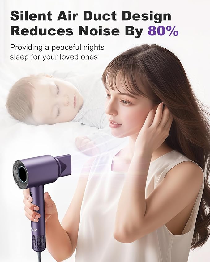 7MAGIC High-Speed Hair Dryer, 110,000RPM Brushless Motor for Fast Drying, 1400W Blow Dryer with Tri-Colour LED Light Ring, Low Noise Ionic Hair Dryer for Home and Travel, Magnetic Nozzle, Purple