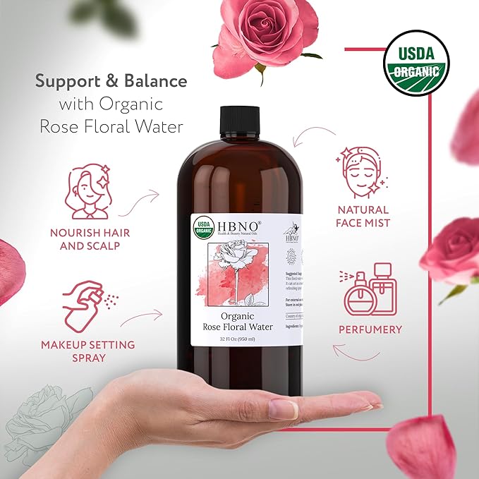 HBNO Organic Rosewater - 32 oz (950ml) Value Size - Ideal for Face Mists, Room Sprays, Fragrances, Candles, Makeup Fixers, Face wash, Lotions, and Skin Care Products.