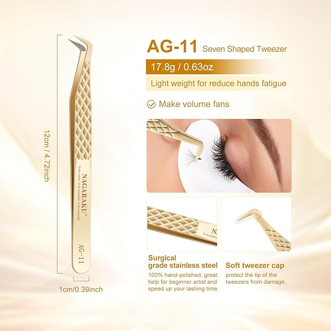 NAGARAKU Precision Fiber Tip Tweezer for Eyelash Extensions Diamond Grip Anti-Static Anti-Slip Premium Stainless Steel Pointed Volume Eyelashes Boot Tweezers with Box(Seven Shaped Tweezer AG-11)