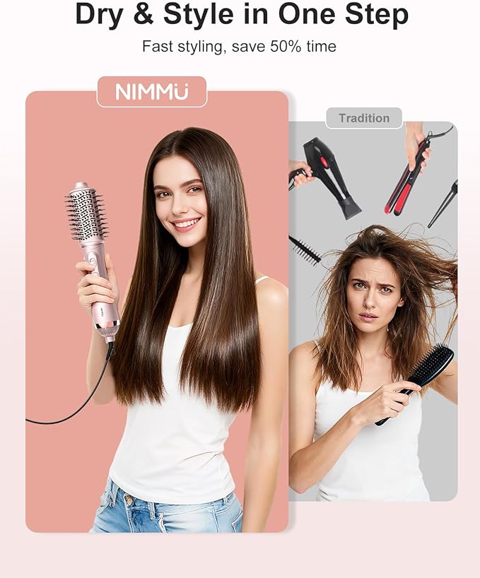 Nimmu Blow Dryer Brush Set, 5-in-1 Hot Air Brush Set, All-in-One Hair Styler for Salon Blowouts, Smoothing, Curling & Volumizing and Straightening, Less Frizz & Heat Damage, Pink