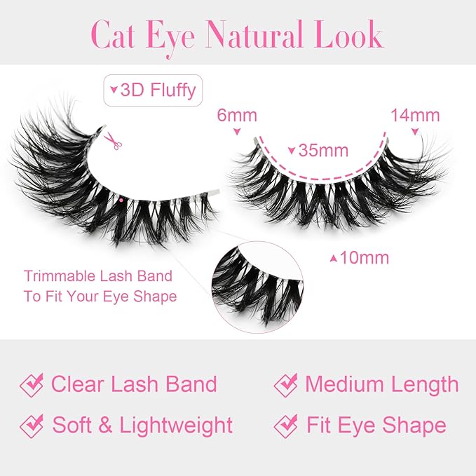 False Lashes Natural Look Eyelashes 14 Pairs 14mm Thick Faux 3D Mink False Eyelashes Natural Looking Fluffy Cat Eye Wispy Strip Lashes Pack by EMEDA (HT13）