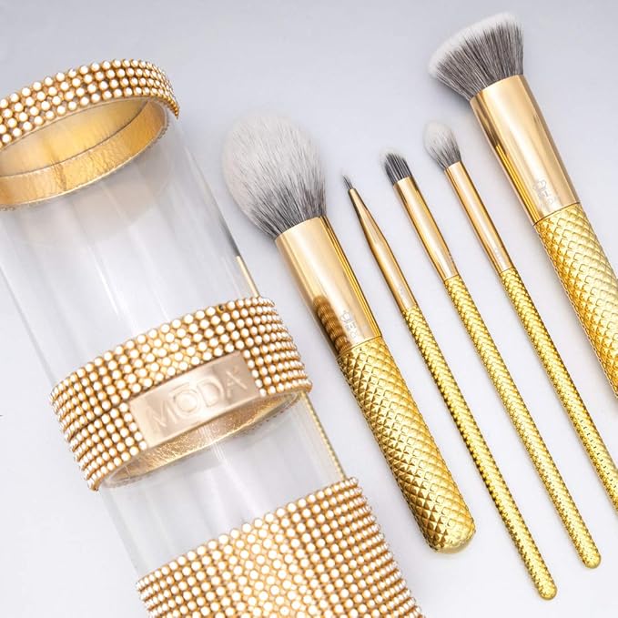 MODA Metallics 6-Piece Full Face Makeup Brush Set – Gold Vegan Cosmetic Brushes for Foundation, Highlight, Eyes & More