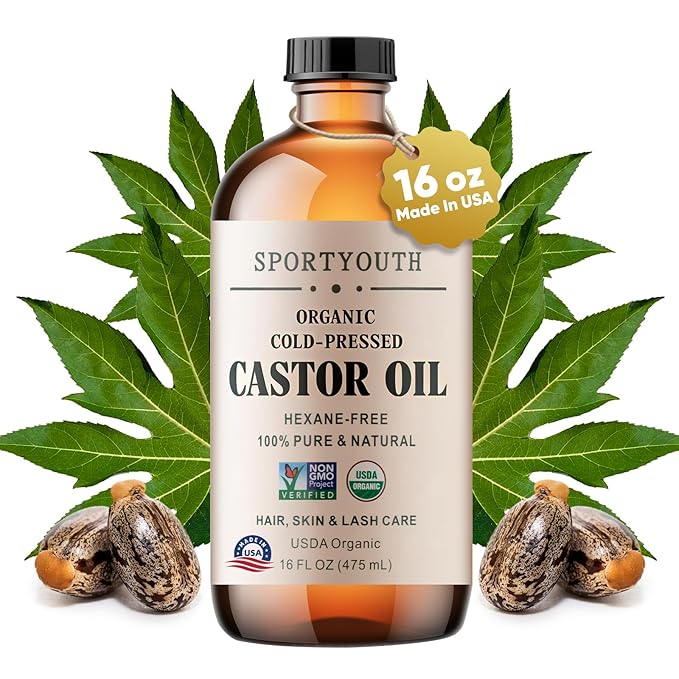 SPORTYOUTH Castor Oil Organic - Cold Pressed, Hexane Free, 100% Pure, USDA Certified, Unrefined Glass Bottle 16oz Non-GMO Carrier Oil for Face, Skin, Hair Growth, Castor Oil Pack, Eyelashes, Brows