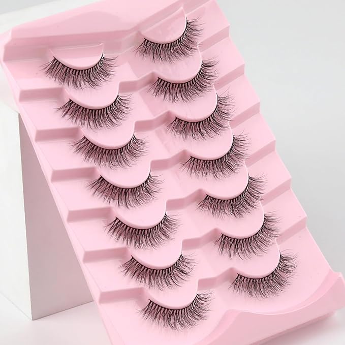 Natural Lashes Eyelashes Wispy 12mm False Lashes Soft Strip Lashes 3D Volume Eyelashes Thin Cotton Band Natural Eye Lashes C Curl Eyelash Siligli Lash Pack 7 Pair
