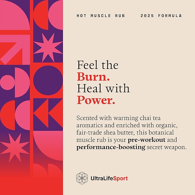 Ultra Life Sport – Premium Hot Muscle Balm with Shea Butter & Organic Essential Oils – 100% Vegan, Non-GMO, Free Trade – Warming Topical Formula with Chai Tea Scent - 1 oz.