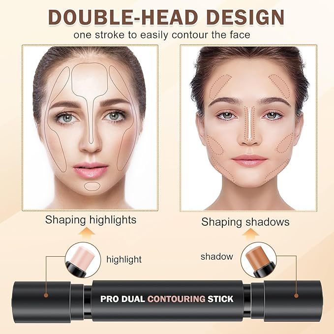 6 Colors Cream Contour Stick Makeup Kit,Double-ended Cream Bronzer,Highlighter,Blush Stick,Lightweight Contour Makeup Kit for Sculpt the Cheeks,Waterproof Contorno Maquillaje - Set C