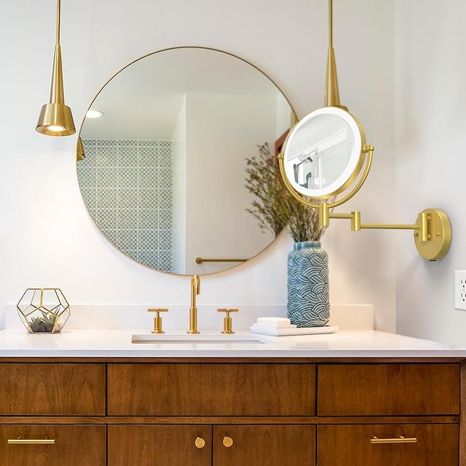 Make up Mirror Wall Mounted with Lights and 10X Magnification Rechargeable, 8" Double Sided, 3-Colors Touch Dimmable Extended Arm 360 Rotation Foldable Cosmetic Mirror, Brushed Gold