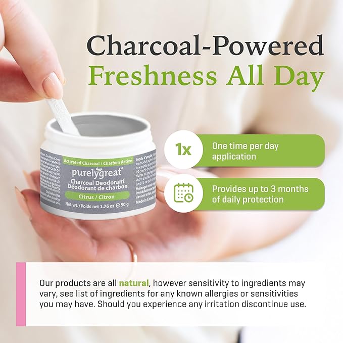 Purelygreat - Citrus Scented Charcoal Deodorant Cream, Chemical-Free Hygiene Essentials for Women, Natural Deodorant for Men Made with Activated Charcoal, Soda & Essential Oils, 1.76 oz / 50 g