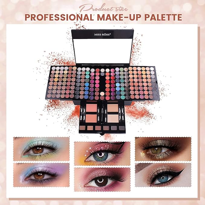MISS ROSE 190 Colors Cosmetic Make up Piano Box Set,Combination with Eyeshadow /Facial Blusher /Eyebrow Powder /Eyeliner Pencil /Mirror,All-in-1 Makeup Gift Set (Color B)