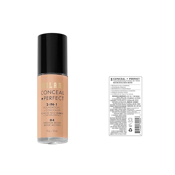 Milani Conceal + Perfect 2-in-1 Foundation + Concealer for a Flawless Complexion, Under Eye Corrector, Cover Redness and Imperfections, Waterproof and Sweatproof - Medium Beige